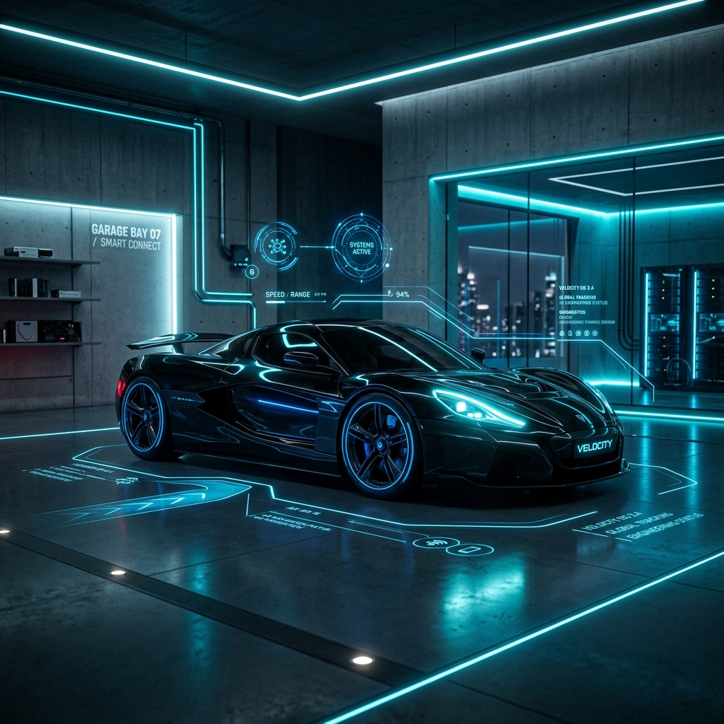 Futuristic glowing connected car dashboard and tech systems