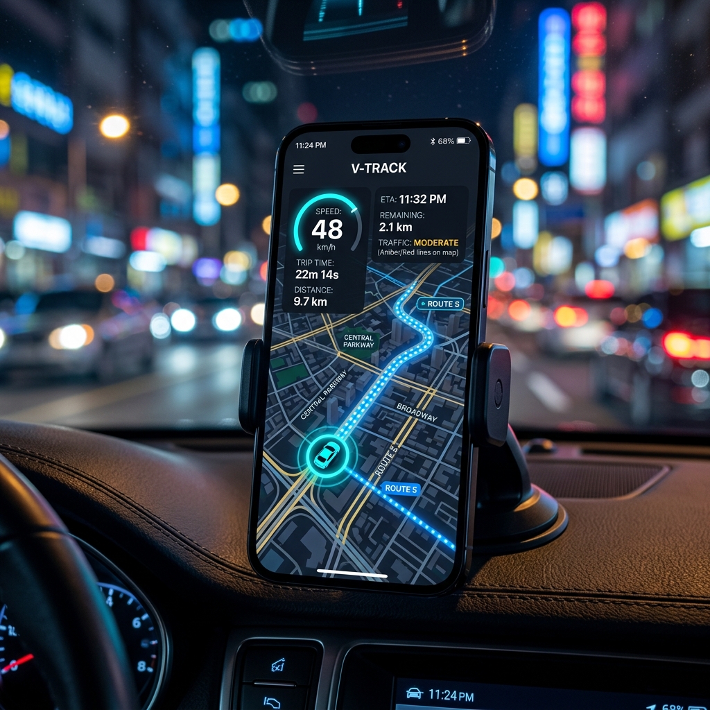 Real-time vehicle GPS tracking interface dashboard on mobile phone